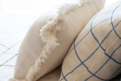 Two pillows, one with frayed edges and the other with a blue grid pattern, on a light background.