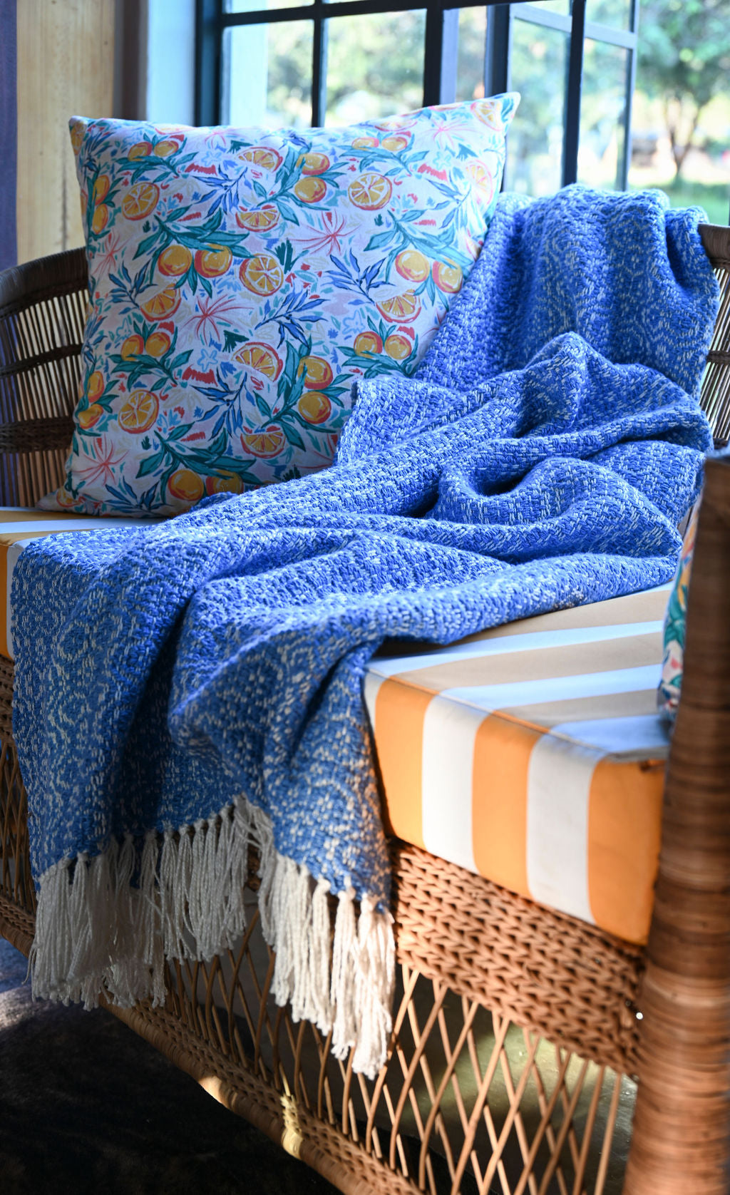 Ocean Blue Throw Blanket | Handwoven Cotton and Bamboo