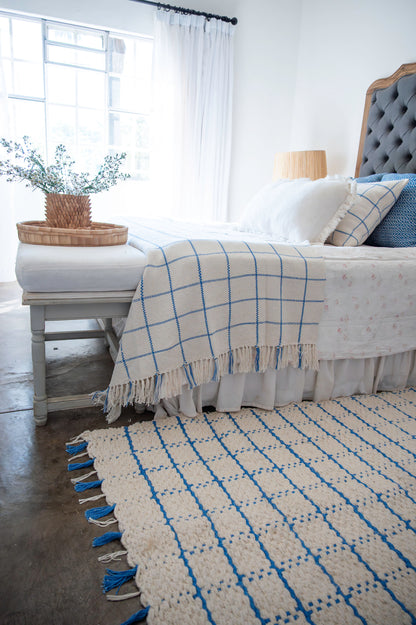 Ocean Blue Check Throw Blanket | Handwoven Cotton and Bamboo