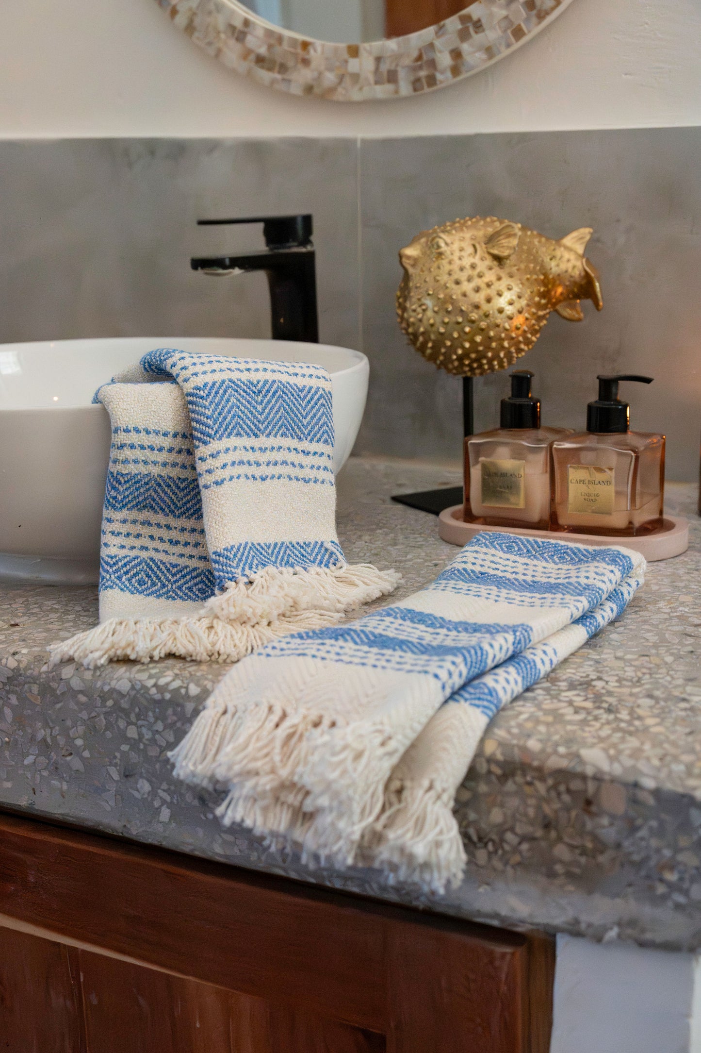 Woven Natural Fibre Hand Towels | Diamond Stripe Pattern | Set of Two