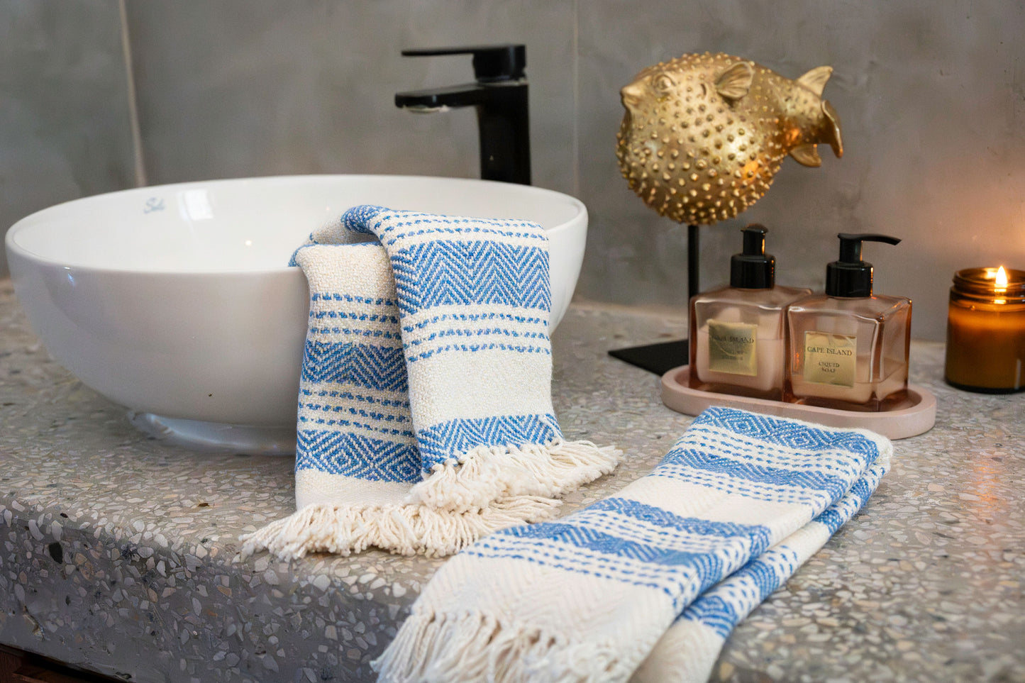 Woven Natural Fibre Hand Towels | Diamond Stripe Pattern | Set of Two