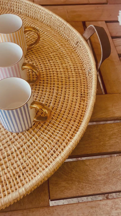 Statement Leather Handle Cane Woven Tray