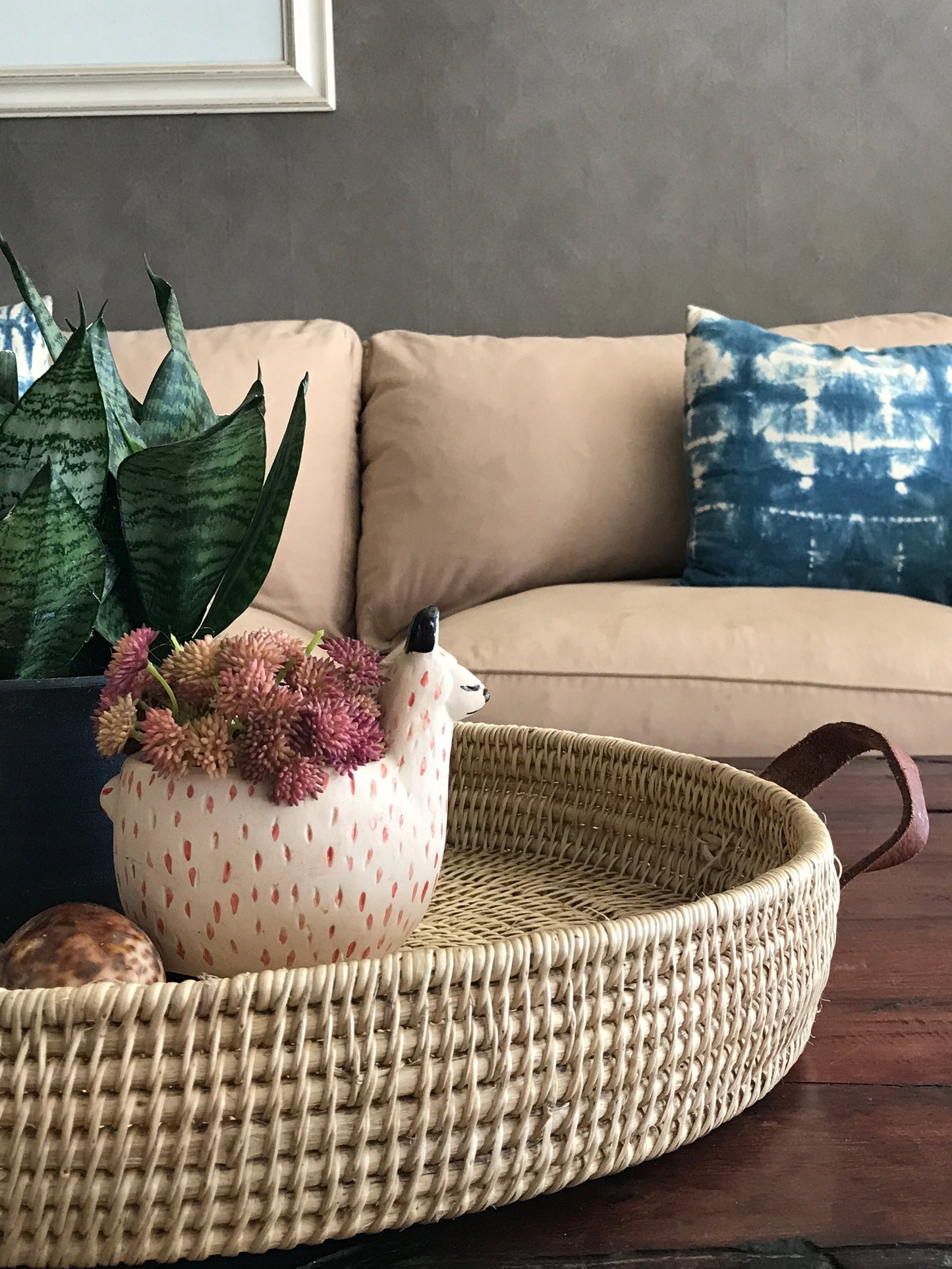 Statement Leather Handle Cane Woven Tray
