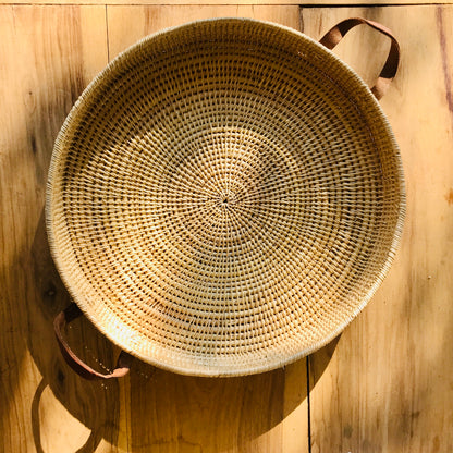 Statement Leather Handle Cane Woven Tray
