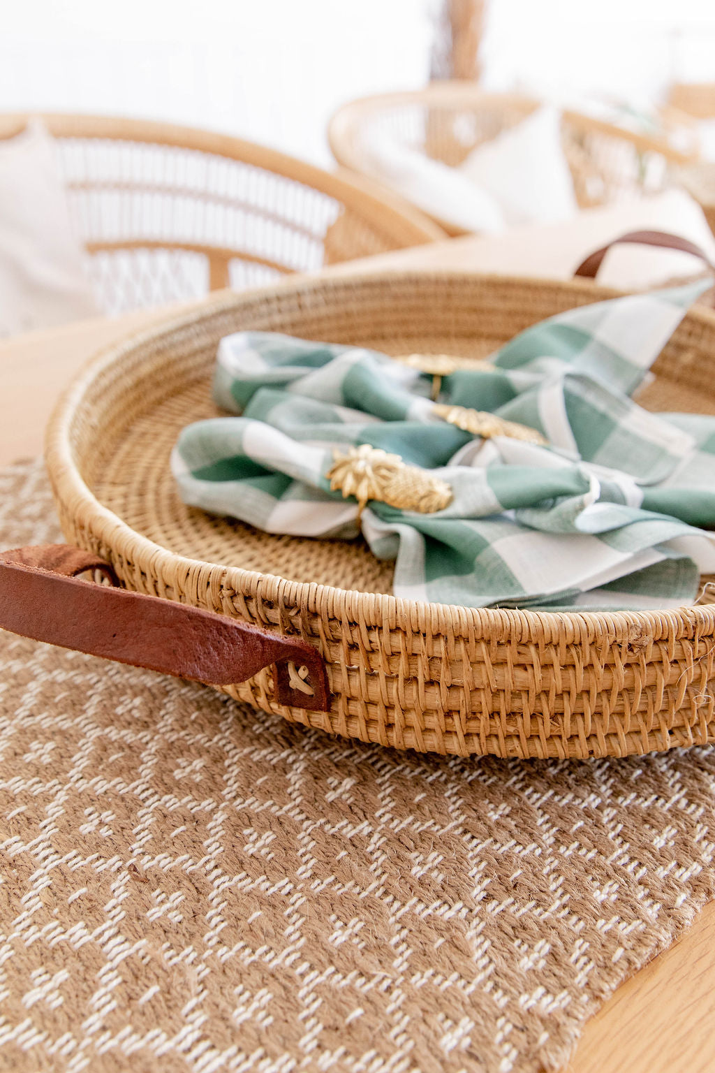 Statement Leather Handle Cane Woven Tray