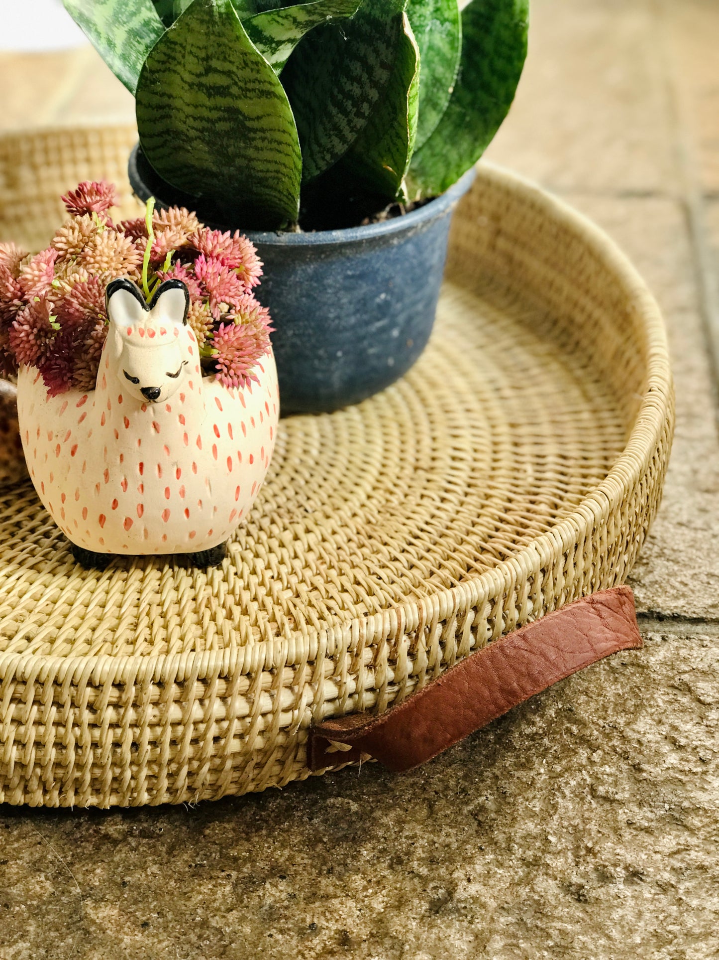 Statement Leather Handle Cane Woven Tray