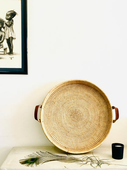Statement Leather Handle Cane Woven Tray