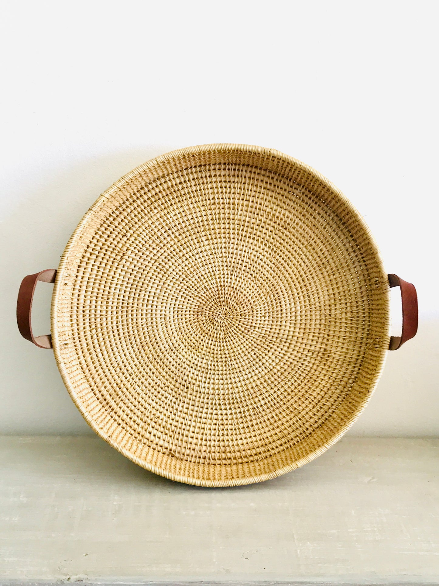 Statement Leather Handle Cane Woven Tray