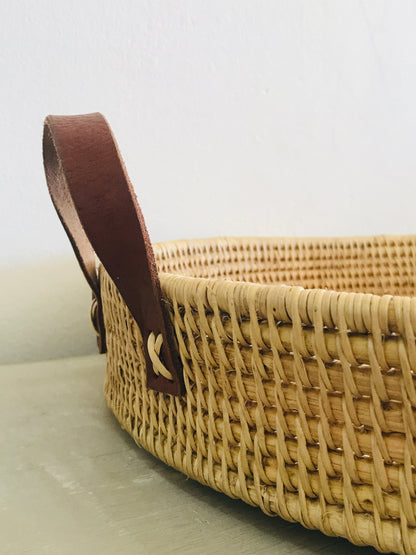 Statement Leather Handle Cane Woven Tray